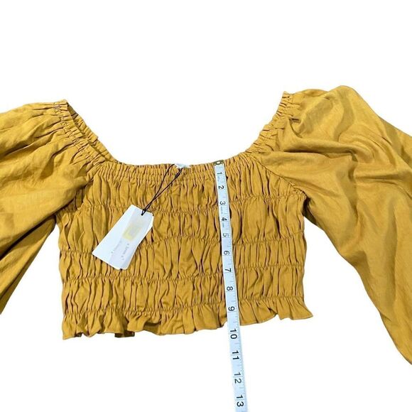 NWT A Loves A Straw Mustard Ruched Puff Long Sleeve Cropped Blouse Linen Blend S - Picture 12 of 12